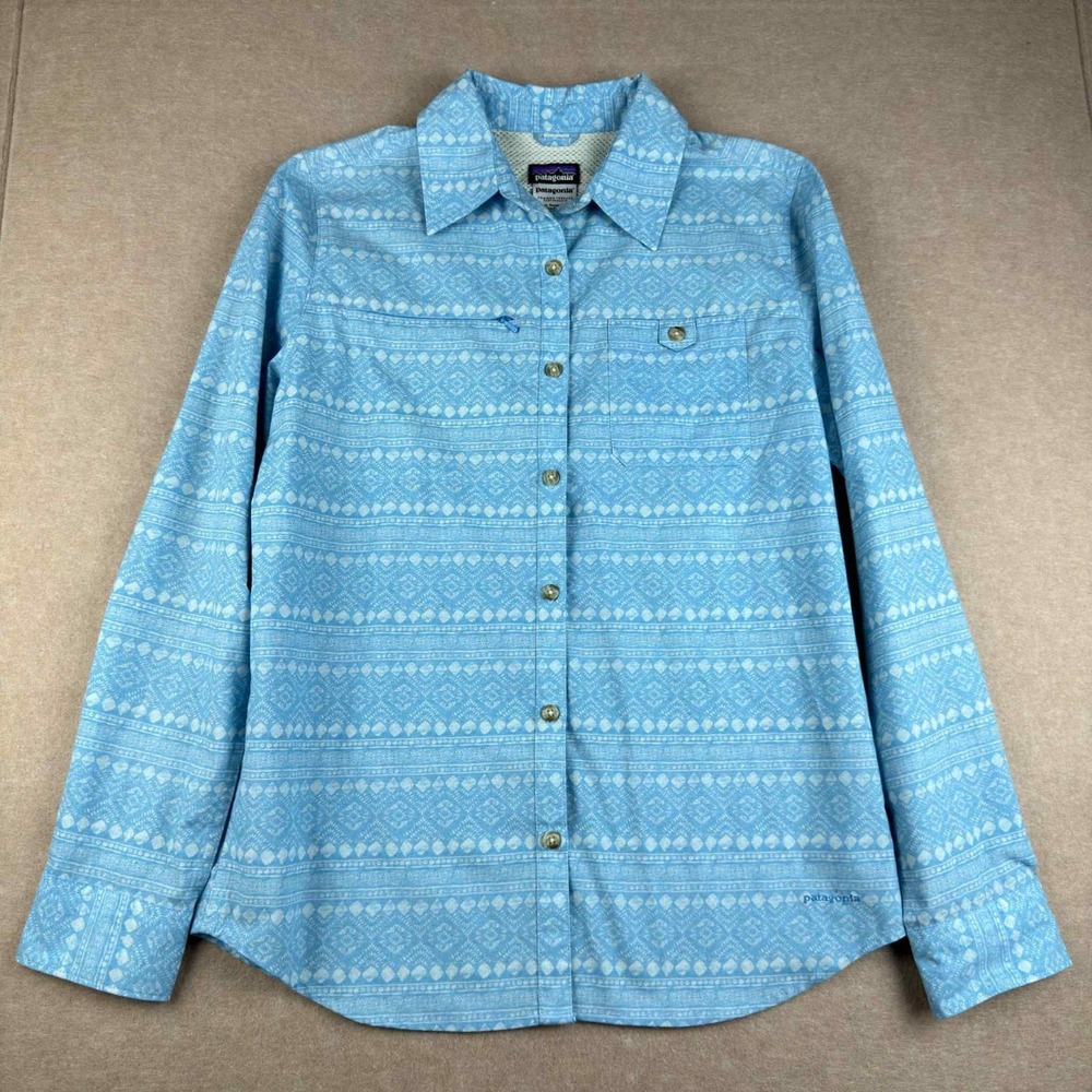 Patagonia Women XS Blue‎ Geometric Button Up Shirt Idaho Angler Boise Fishing